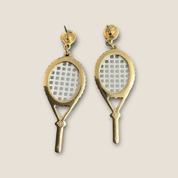 Tennis Racket Drop Earrings Pearl & Pink Handle Accents Fun Sports Jewelry - Picture 2 of 2